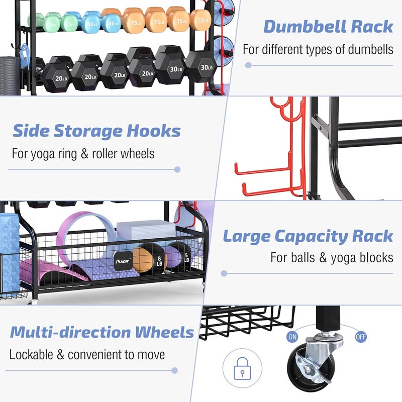 PLKOW Dumbbell Rack, Weight Rack for Dumbbells, Home Gym Storage for Dumbbells Kettlebells Yoga Mat and Balls, All in One Workout Storage with Wheels and Hooks, Powder Coated Finish Steel - Image 4